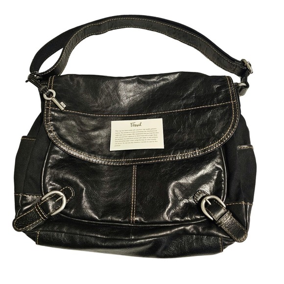 Fossil black Leather & Canvas messenger crossbody bag. Unisex - Picture 1 of 12